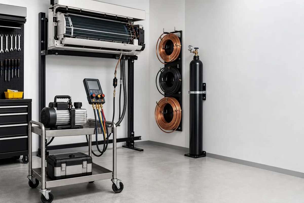 Cuarto técnico de aires acondicionados impecable: una unidad interior en el banco de servicio, con manómetros digitales y bomba de vacío en el carrito de acero y las líneas de cobre en la pared