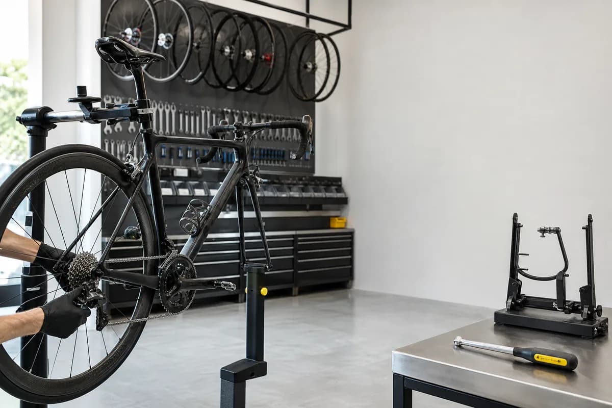 Centro de servicio boutique de bicicletas: una bicicleta de ruta de carbono en el soporte profesional, con centrador de ruedas sobre el banco de acero y las ruedas colgadas en la pared