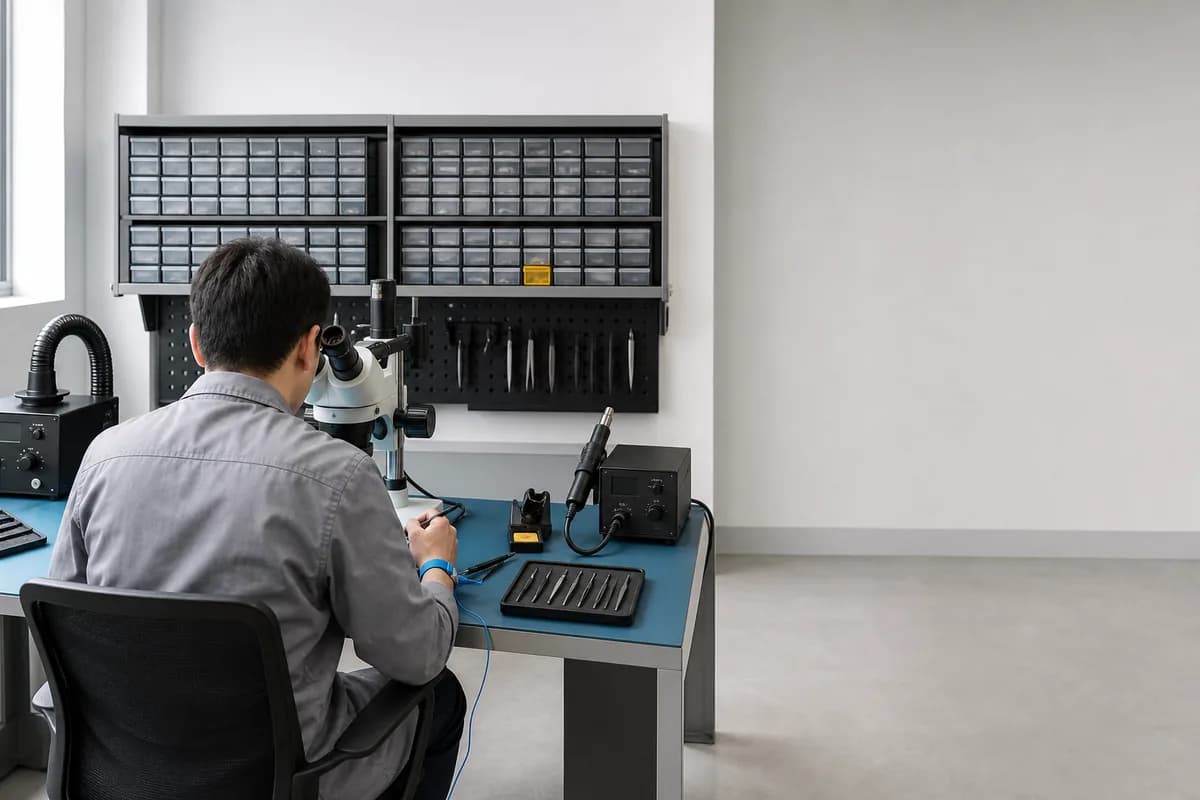 Laboratorio de microelectrónica de un centro de servicio de celulares: un técnico de espaldas trabaja con el microscopio sobre una mesa antiestática, con estación de aire caliente y gaveteros rotulados