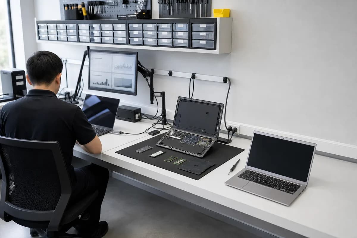 Banco de diagnóstico de computadoras: tres laptops abiertas sobre una mesa blanca, una desarmada sobre la alfombrilla antiestática, con monitor de diagnóstico en brazo articulado