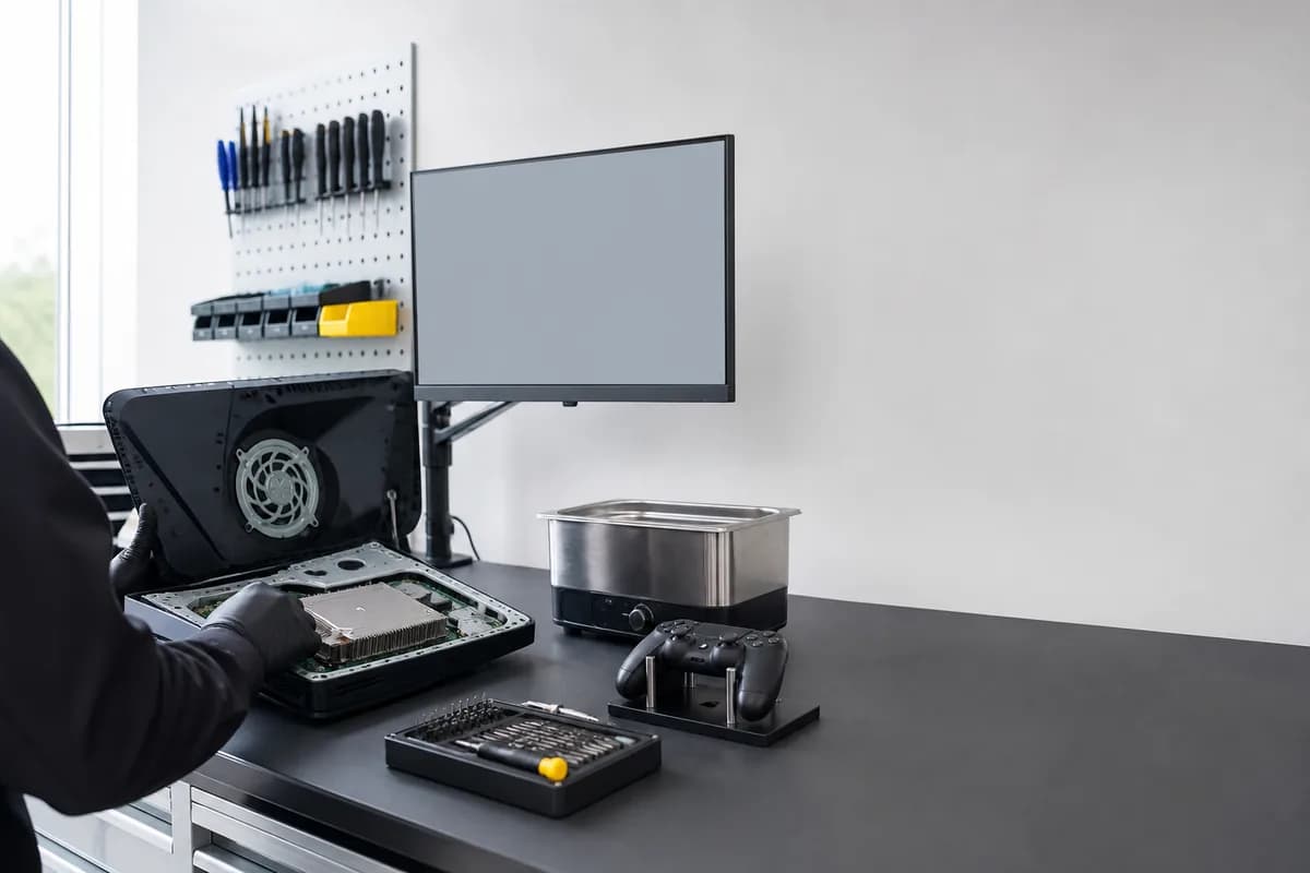 Estación de servicio de consolas: una consola abierta sobre el banco mostrando el ventilador y el disipador, con limpiador ultrasónico, control en base de calibración y monitor de prueba
