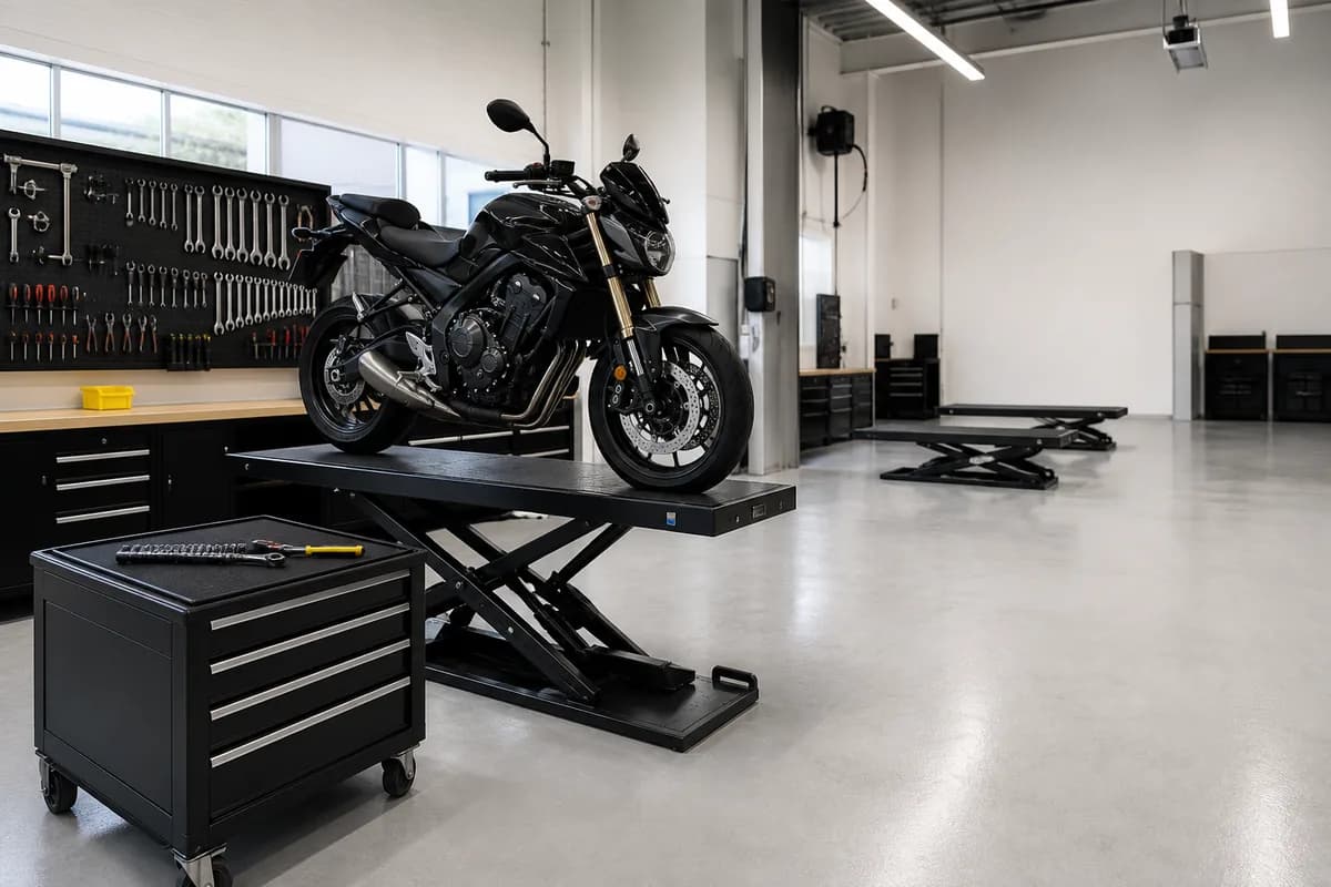 Taller profesional de motos: una moto sobre el elevador hidráulico en un piso epóxico impecable, con el panel de herramientas ordenado y más bahías de servicio al fondo